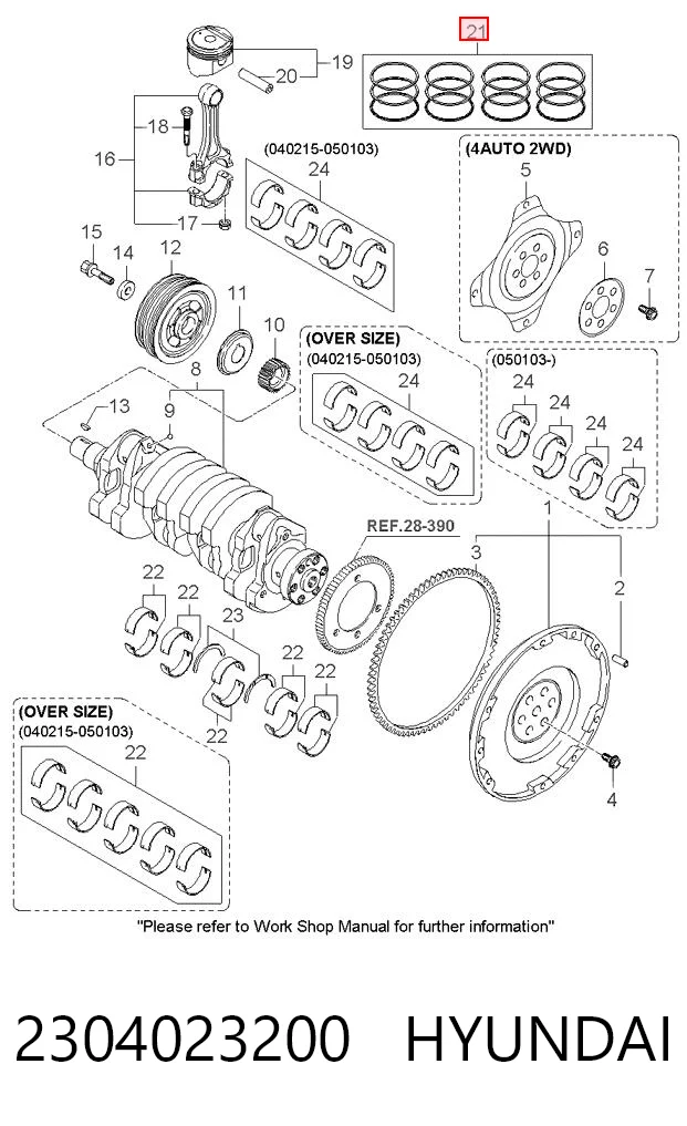 2304023200 Hyundai/Kia Juego de anillos de pistón, motor, STD