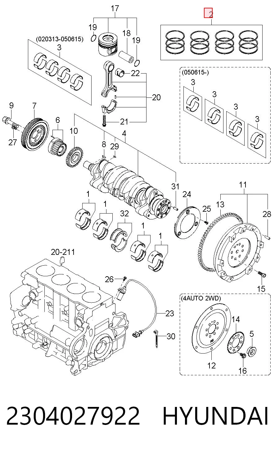 Juego de aros de pistón para motor, sobremedida (+0,50 mm) 2304027922 HYUNDAI