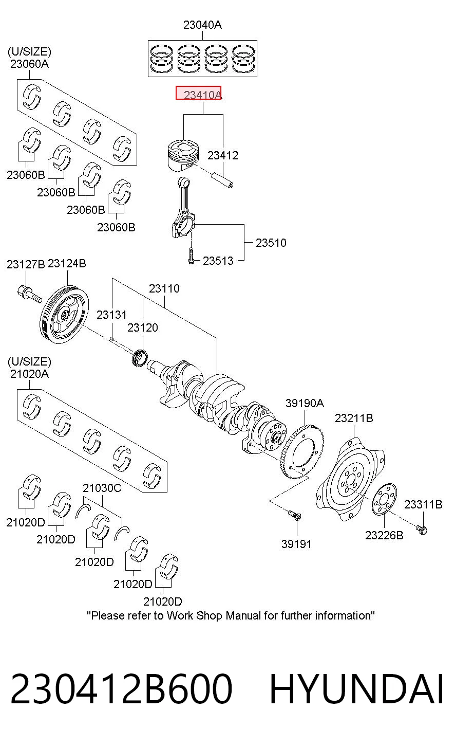 230412B600 Hyundai/Kia Pistón con bulón sin anillos, STD