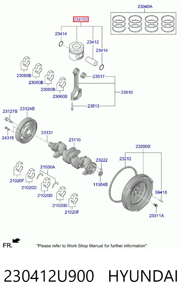 230412U900 Hyundai/Kia Pistón con bulón sin anillos, STD