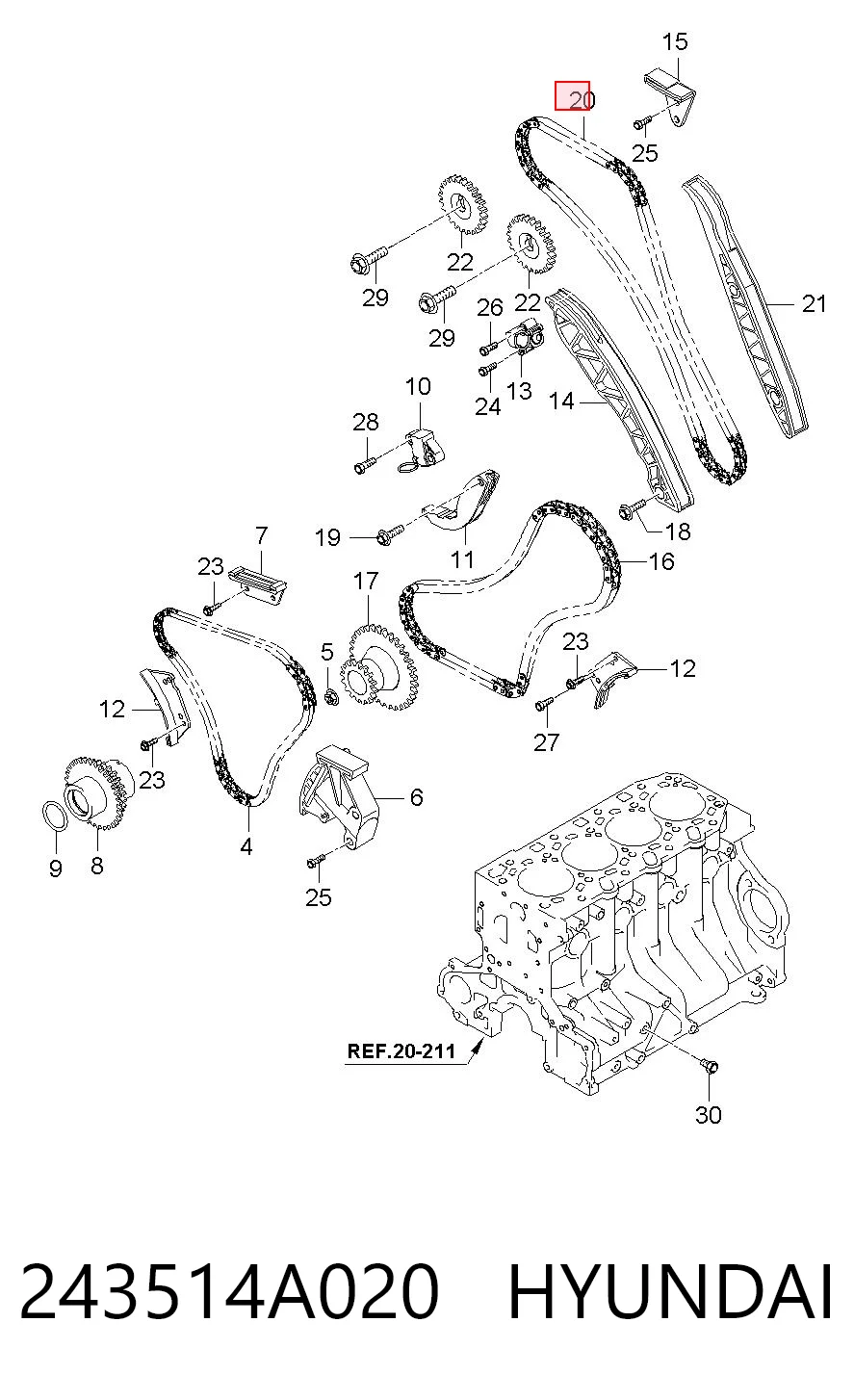 243514A020 Hyundai/Kia Cadena de distribución superior