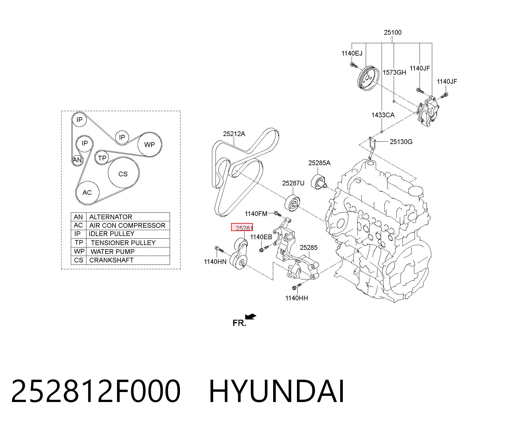 Tensor de correa de accesorios 252812F000 HYUNDAI