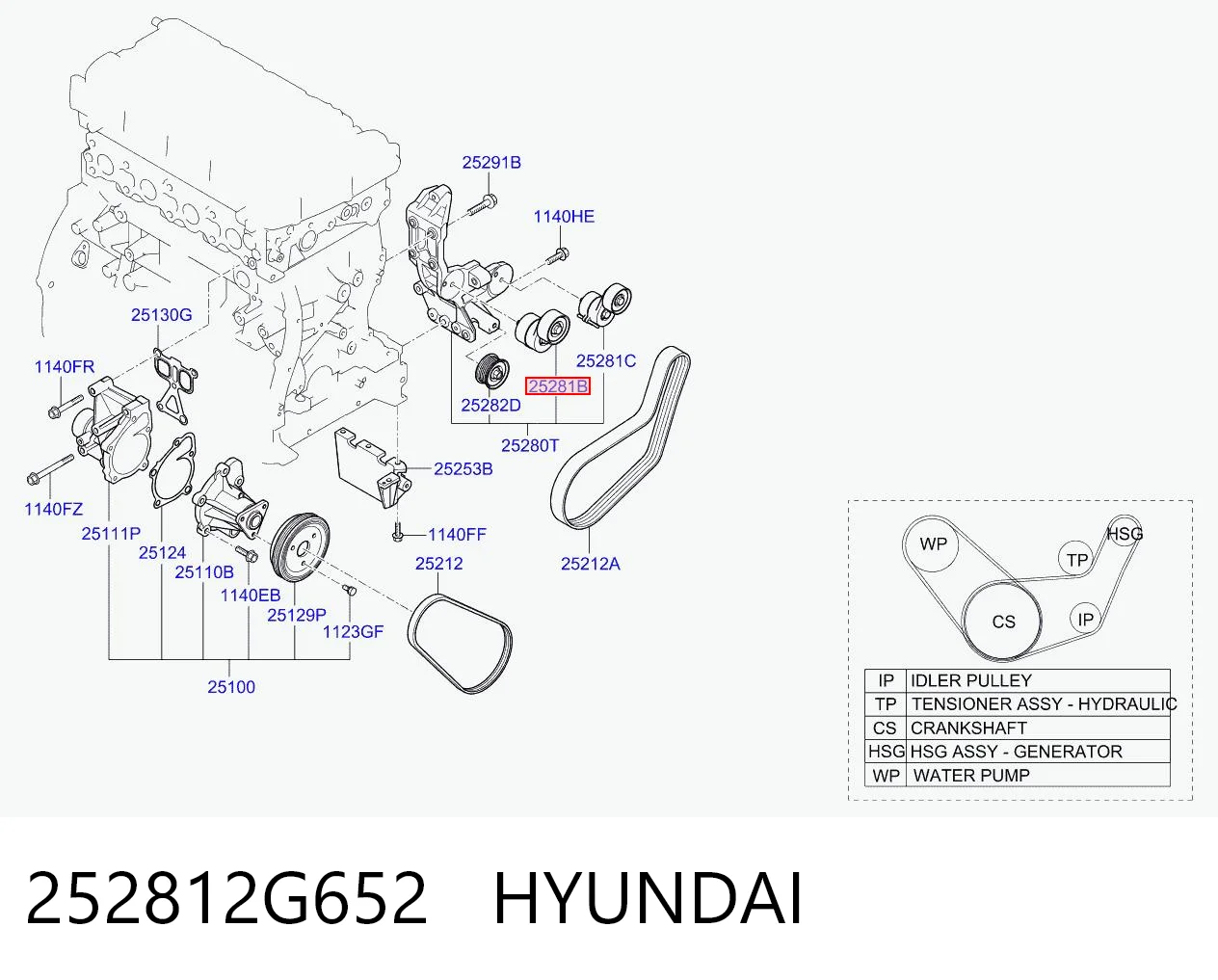 252812G652 Hyundai/Kia Tensor de correa de alternador