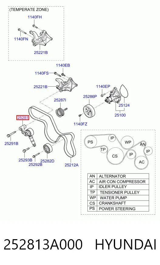 252813A000 Hyundai/Kia Tensor de correa de alternador