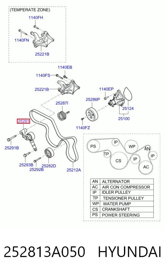 252813A050 Hyundai/Kia Tensor de correa de alternador