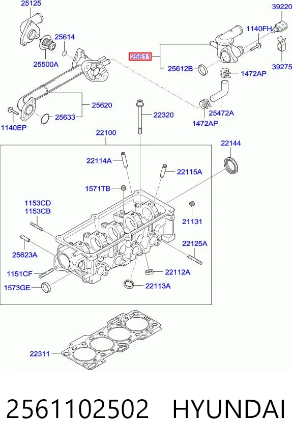 2561102502 Hyundai/Kia Brida del sistema de refrigeración (triple unión)