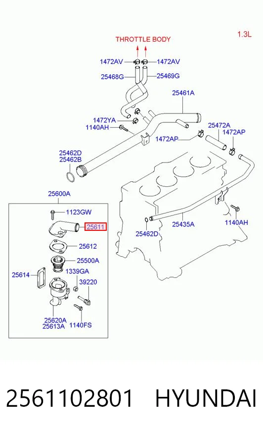 2561102801 Hyundai/Kia Brida del sistema de refrigeración (triple unión)