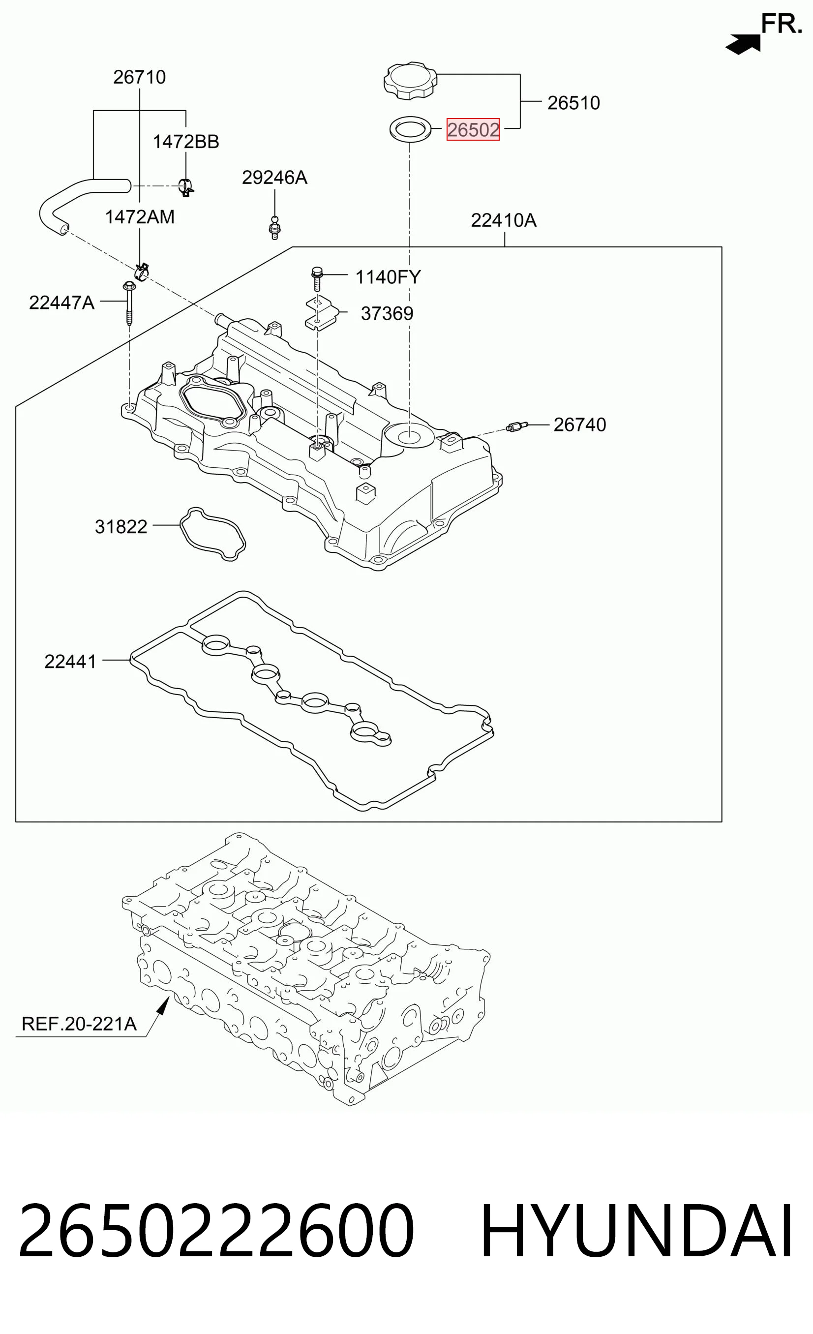 2650222600 Hyundai/Kia Junta de tapa del tubo de llenado de aceite
