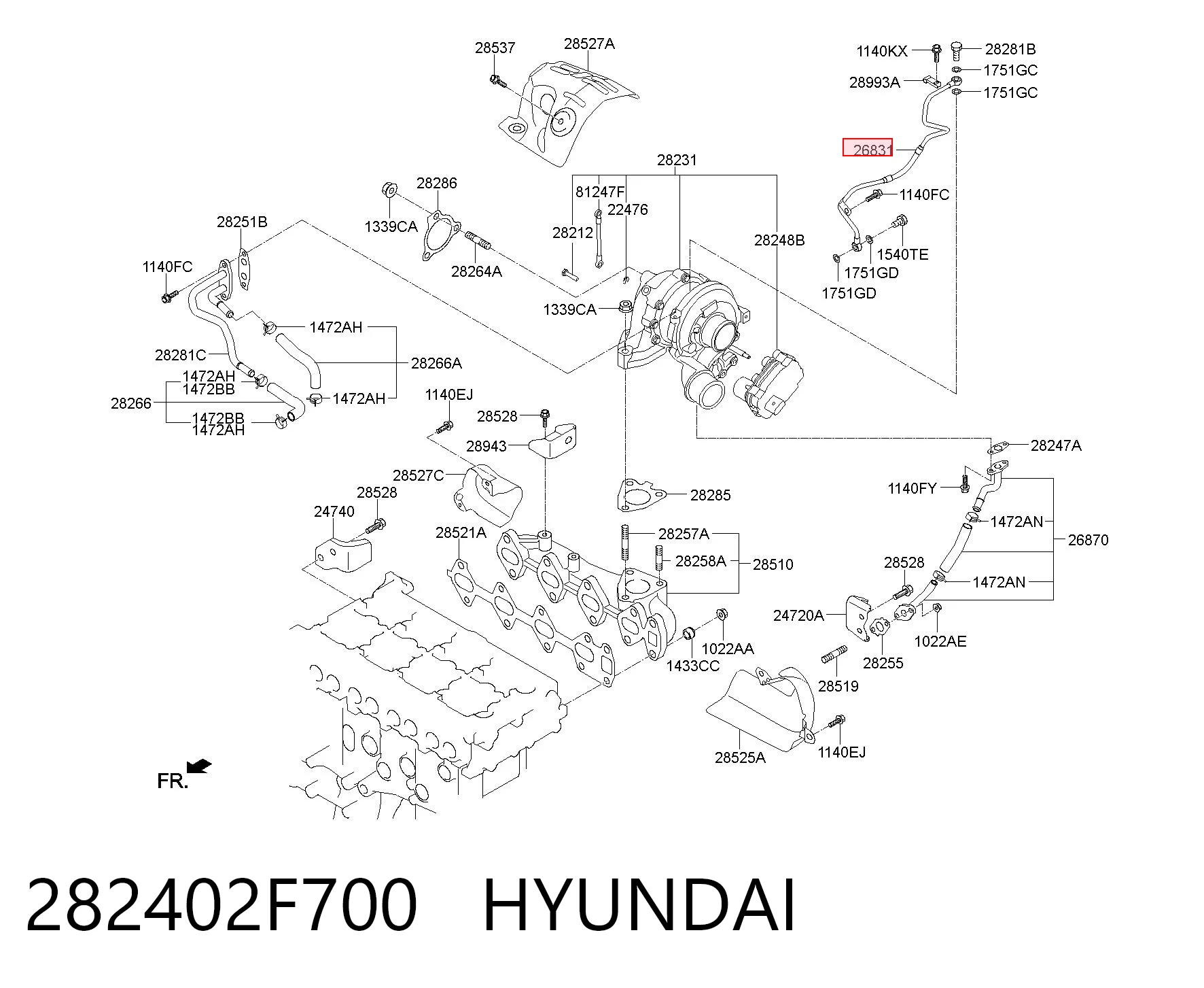 282402F700 Hyundai/Kia Tubo de suministro de aceite a la turbina