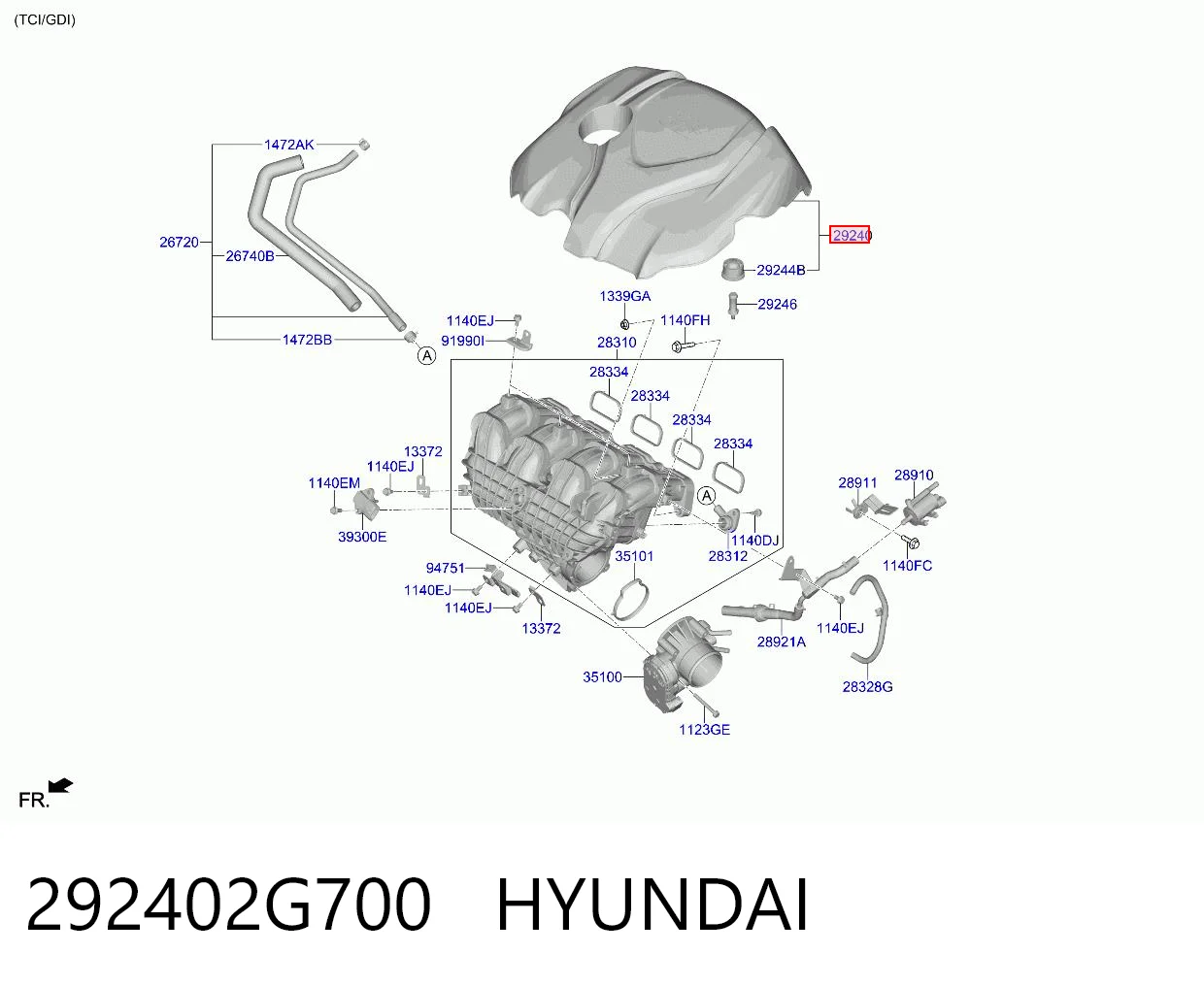 292402G700 Hyundai/Kia Tapa del motor decorativa