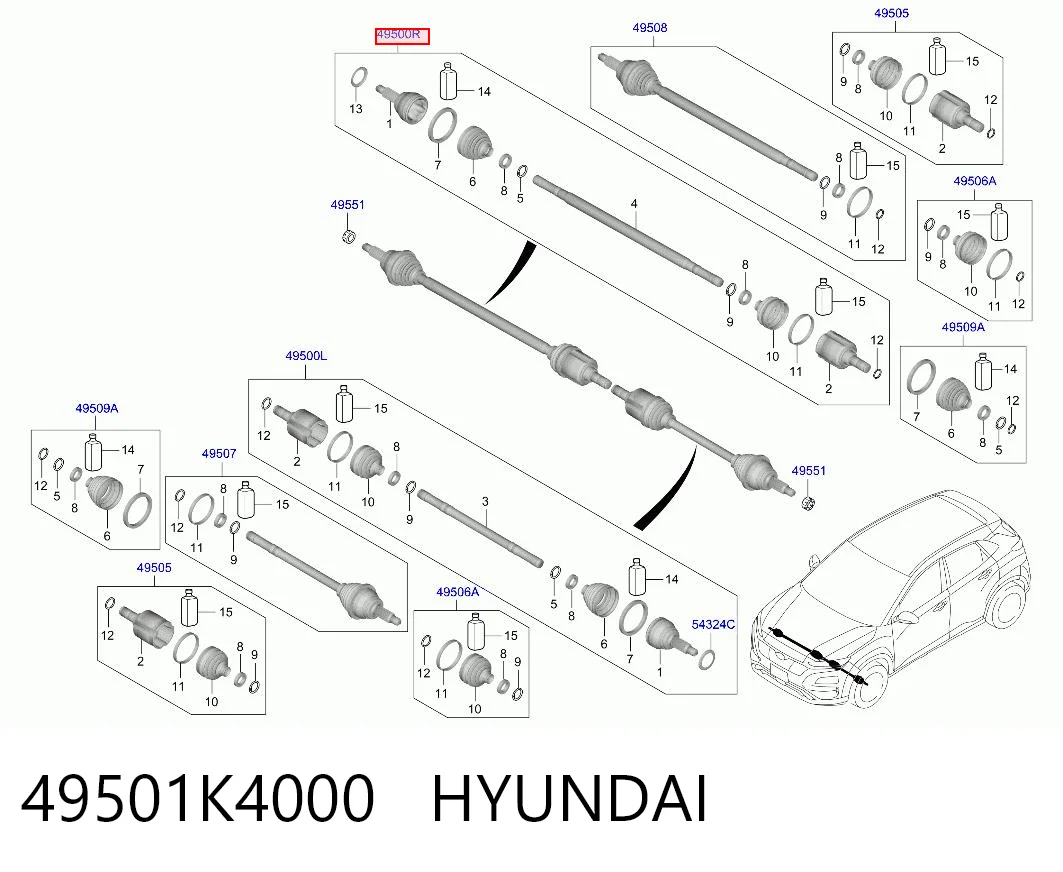 49501K4000 Hyundai/Kia Semieje delantero derecho