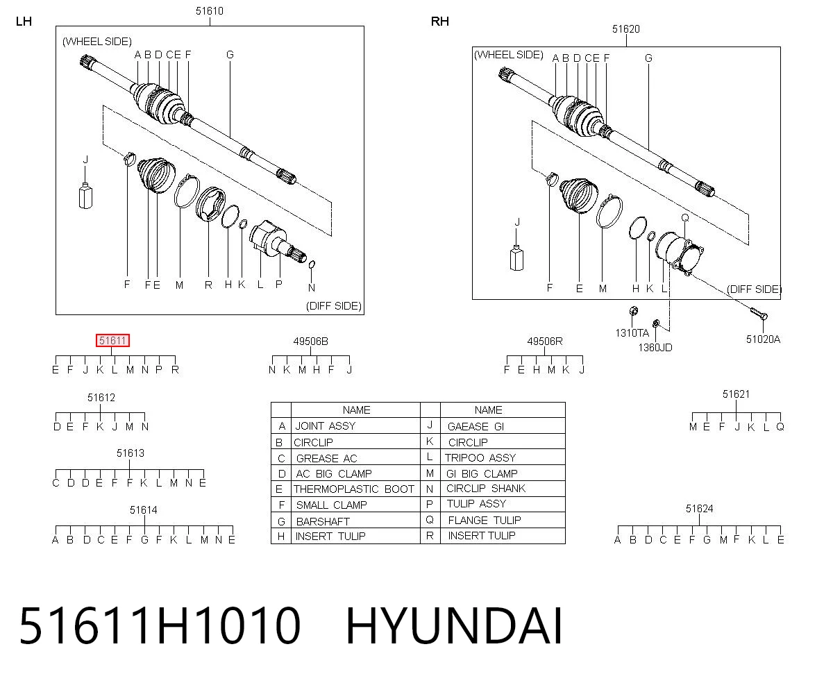 Junta homocinética interna delantera izquierda 51611H1010 HYUNDAI