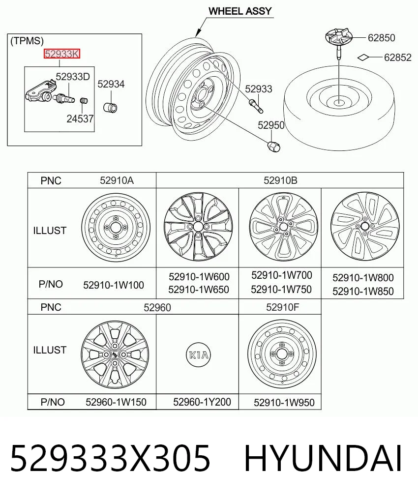 529333X305 Hyundai/Kia Sensor de presión de neumáticos (TPMS)