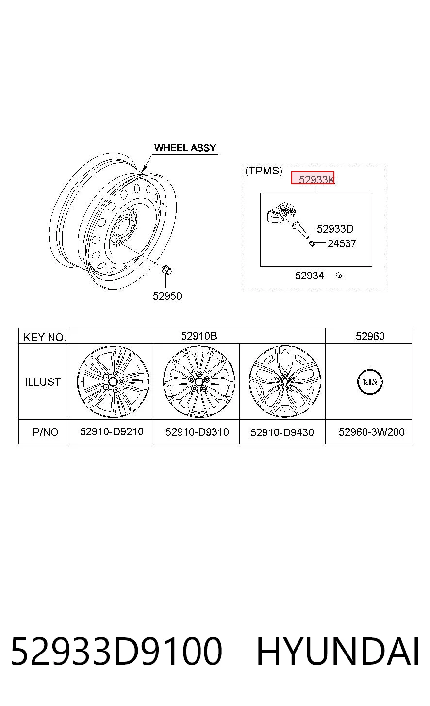 52933D9100 Hyundai/Kia Sensor de presión de neumáticos (TPMS)