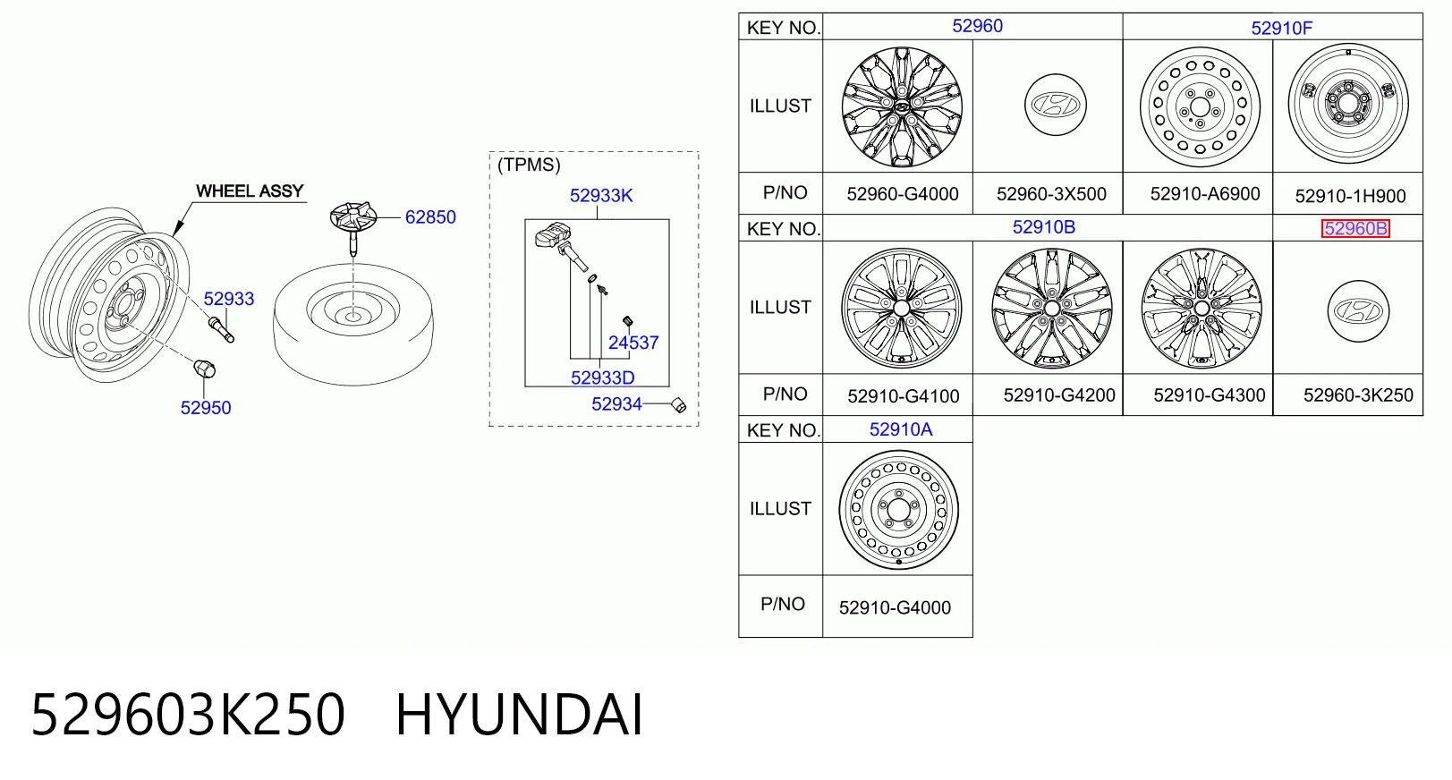 529603K250 Hyundai/Kia Cubierta de la Llanta