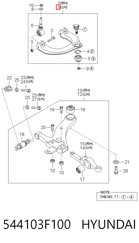 544103F100 Hyundai/Kia Brazo de suspensión delantera, superior izquierda