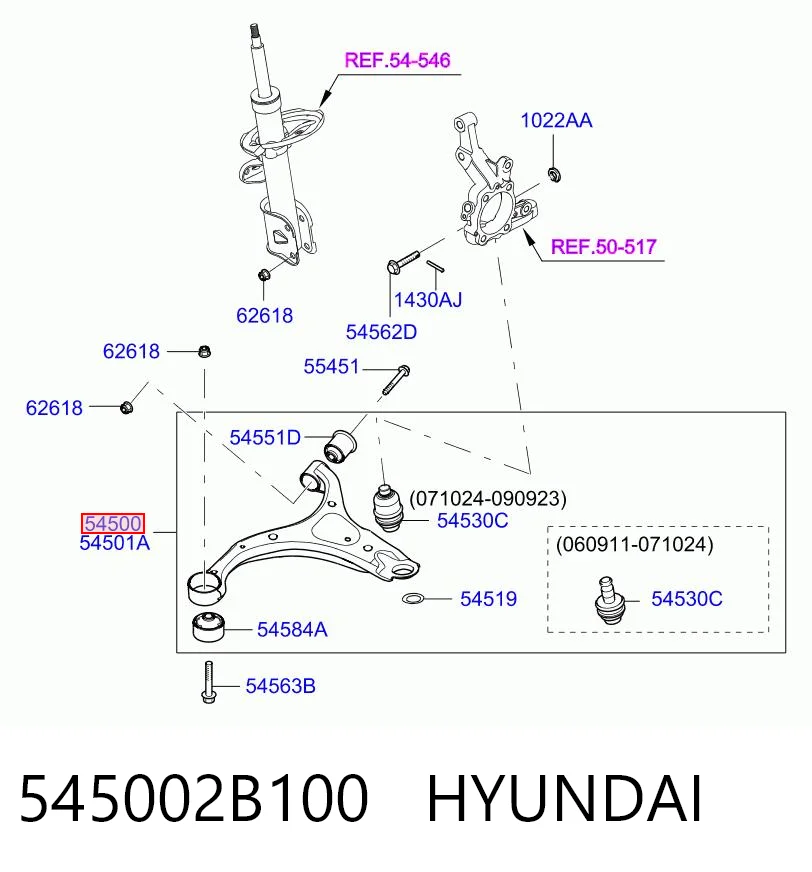 545002B100 Hyundai/Kia Brazo inferior izquierdo de la suspensión delantera