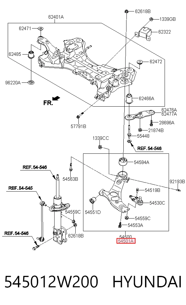 545012W200 Hyundai/Kia Brazo inferior derecho de la suspensión delantera