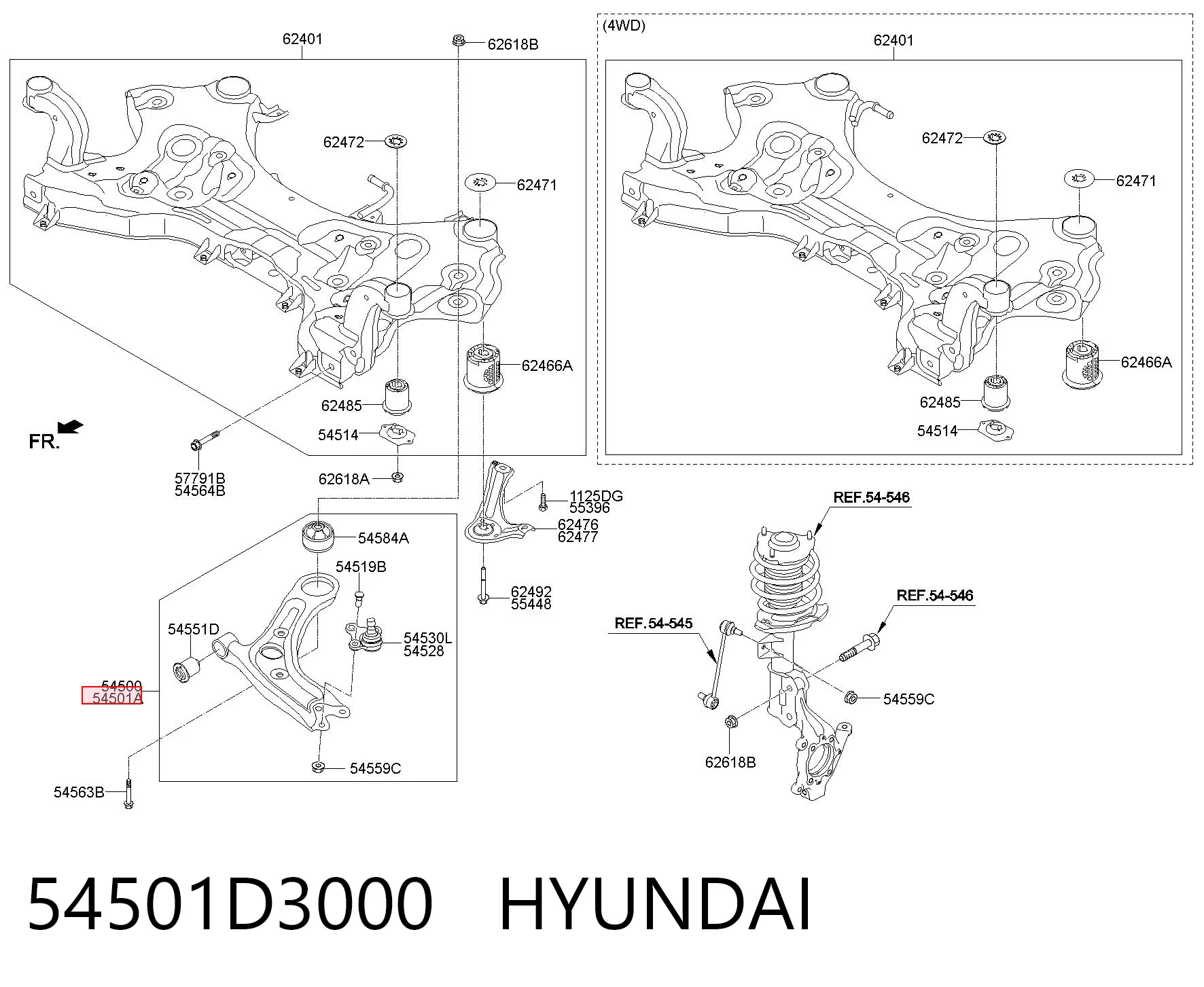 54501D3000 Hyundai/Kia Brazo inferior derecho de la suspensión delantera
