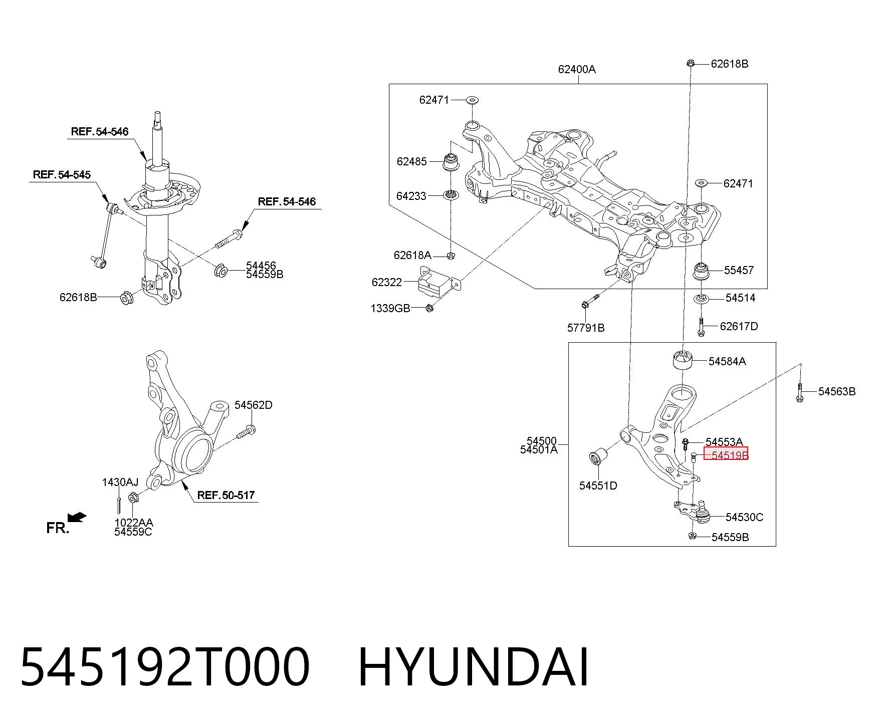 545192T000 Hyundai/Kia Perno de fijación del brazo inferior delantero