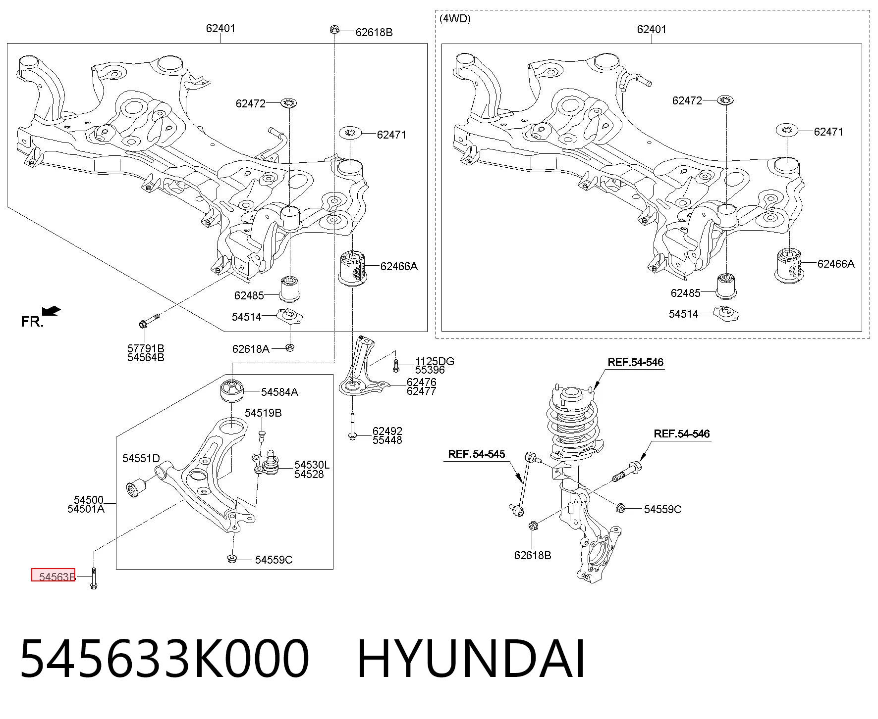545633K000 Hyundai/Kia Perno de fijación del brazo inferior delantero