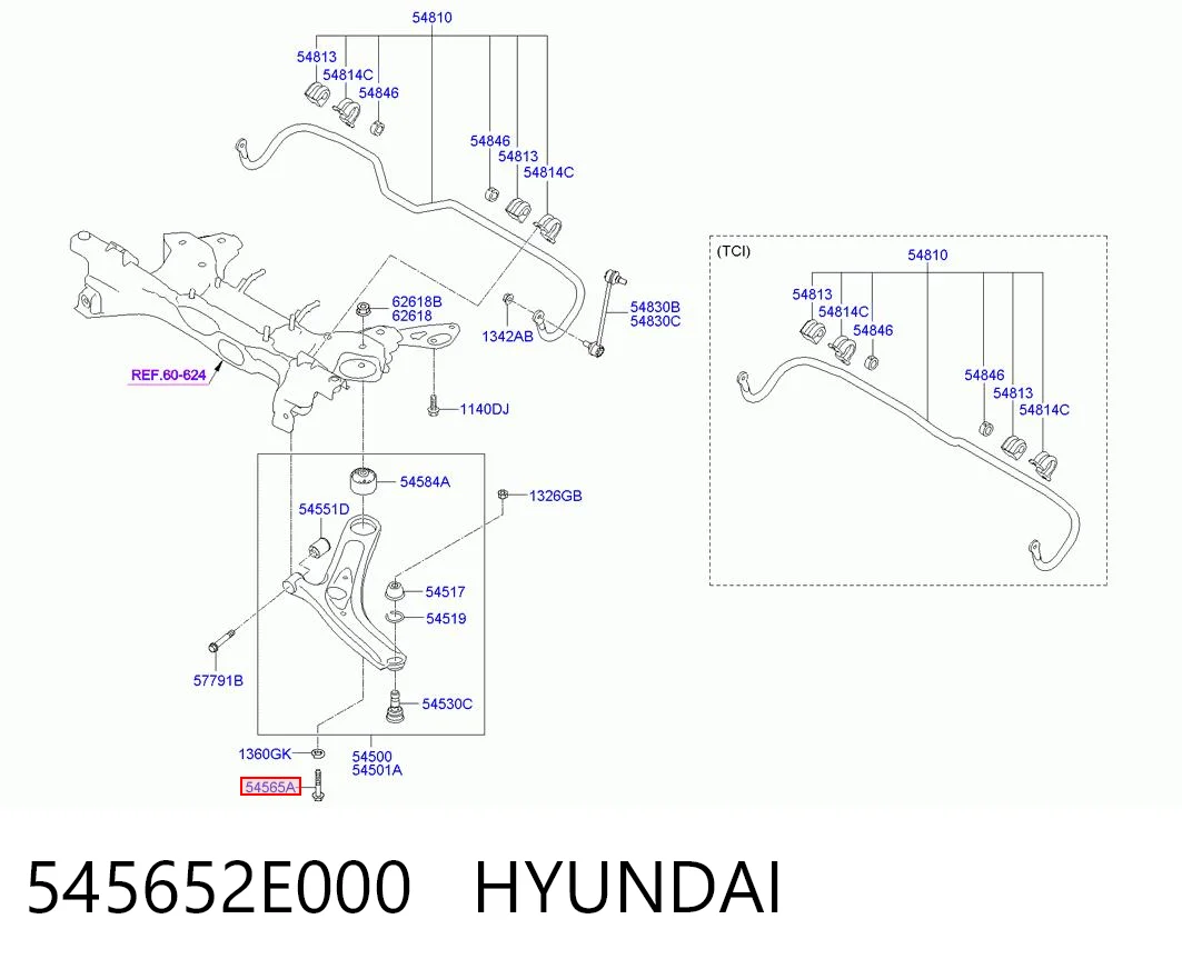 545652E000 Hyundai/Kia Perno de fijación del brazo inferior delantero