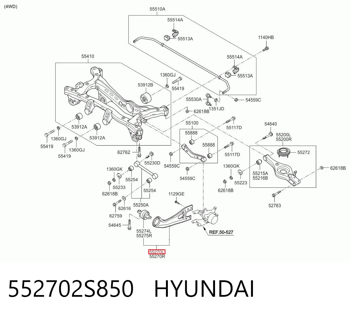 552702S850 Hyundai/Kia Brazo longitudinal inferior izquierdo de la suspensión trasera