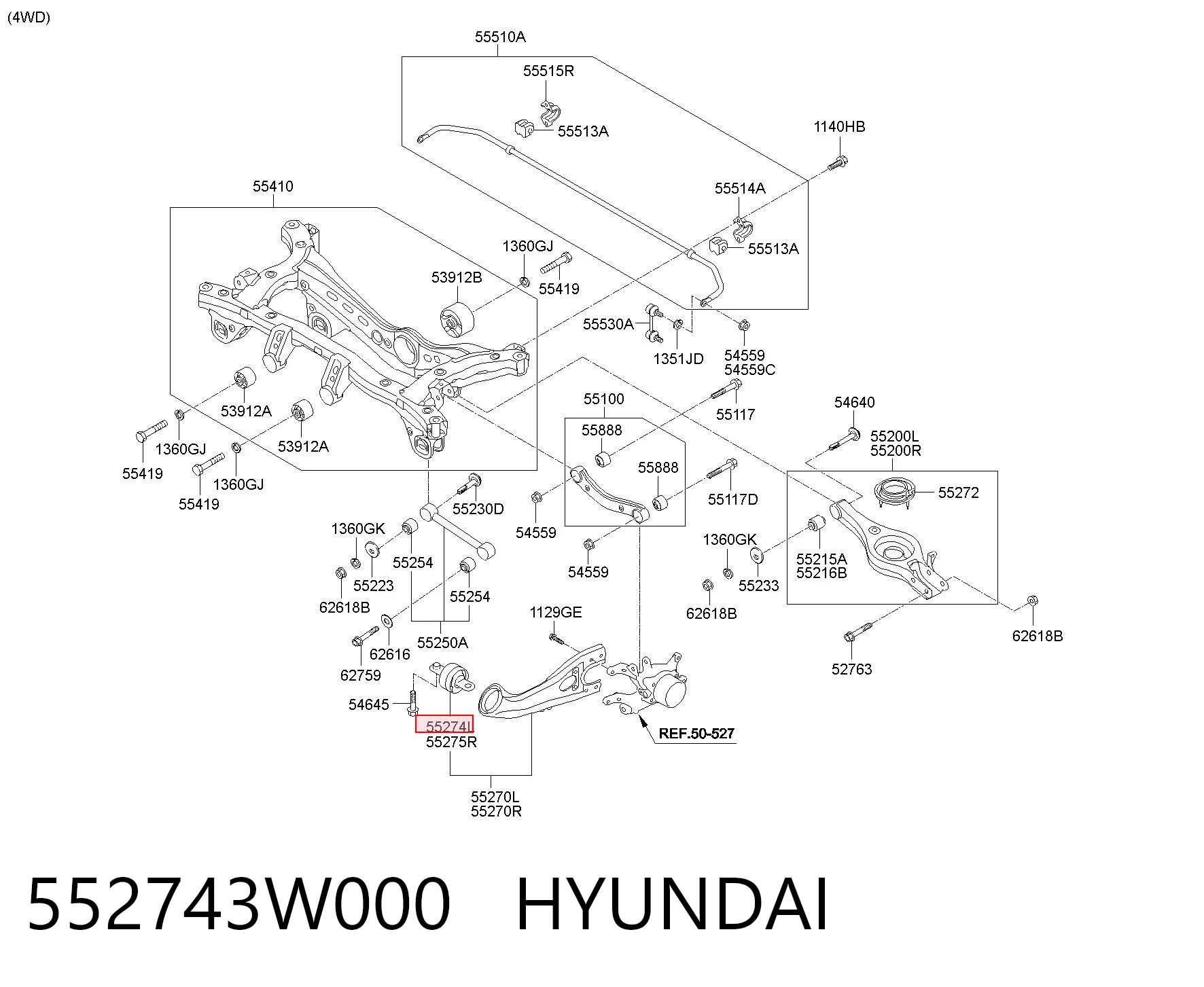 552743W000 Hyundai/Kia Buje del brazo longitudinal inferior trasero