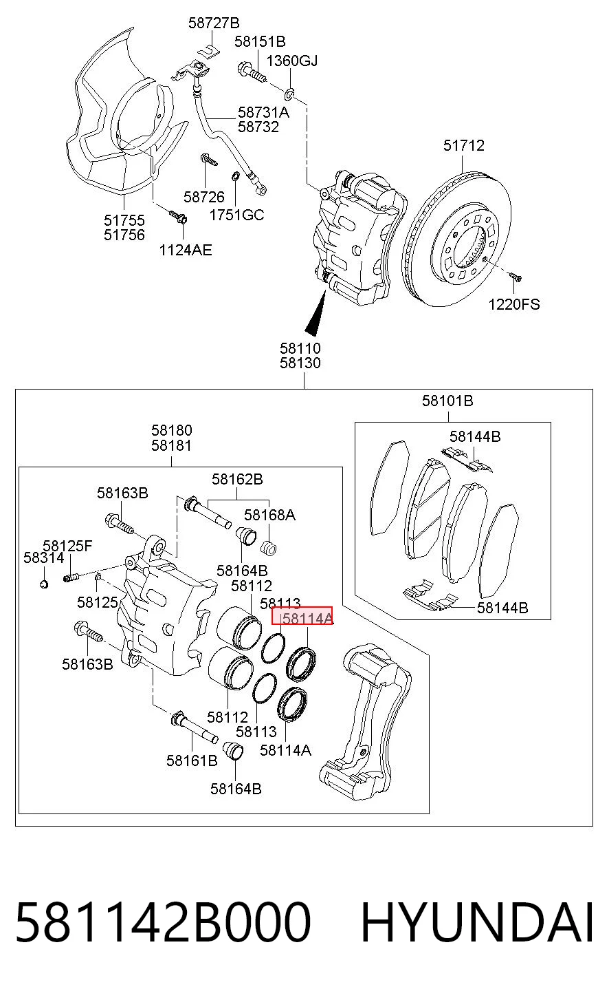 581142B000 Hyundai/Kia Retén de la pinza de freno delantero