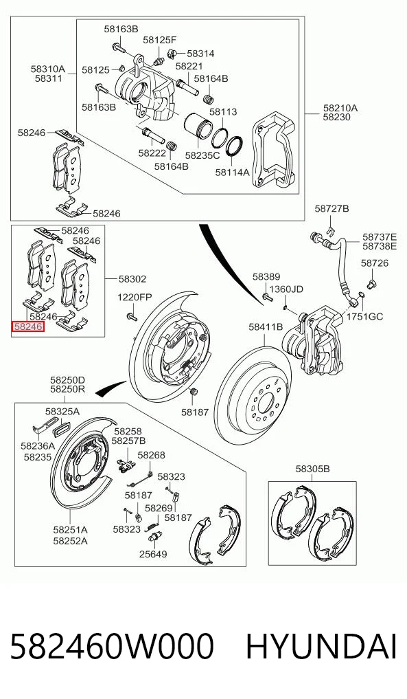 582460W000 Hyundai/Kia Juego de resortes de sujeción de pastillas de freno traseras