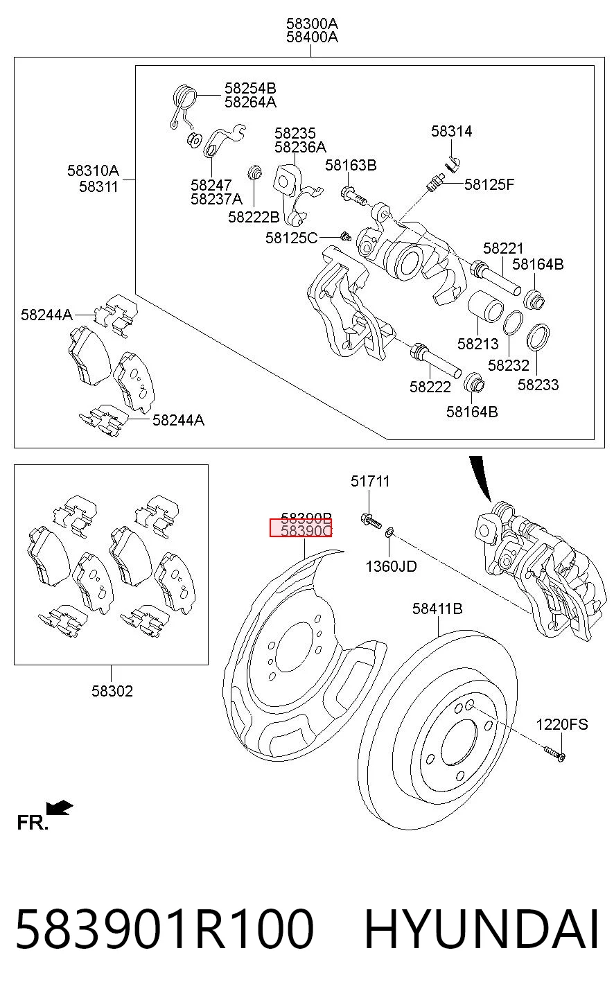 583901R100 Hyundai/Kia Protector de disco de freno trasero derecho