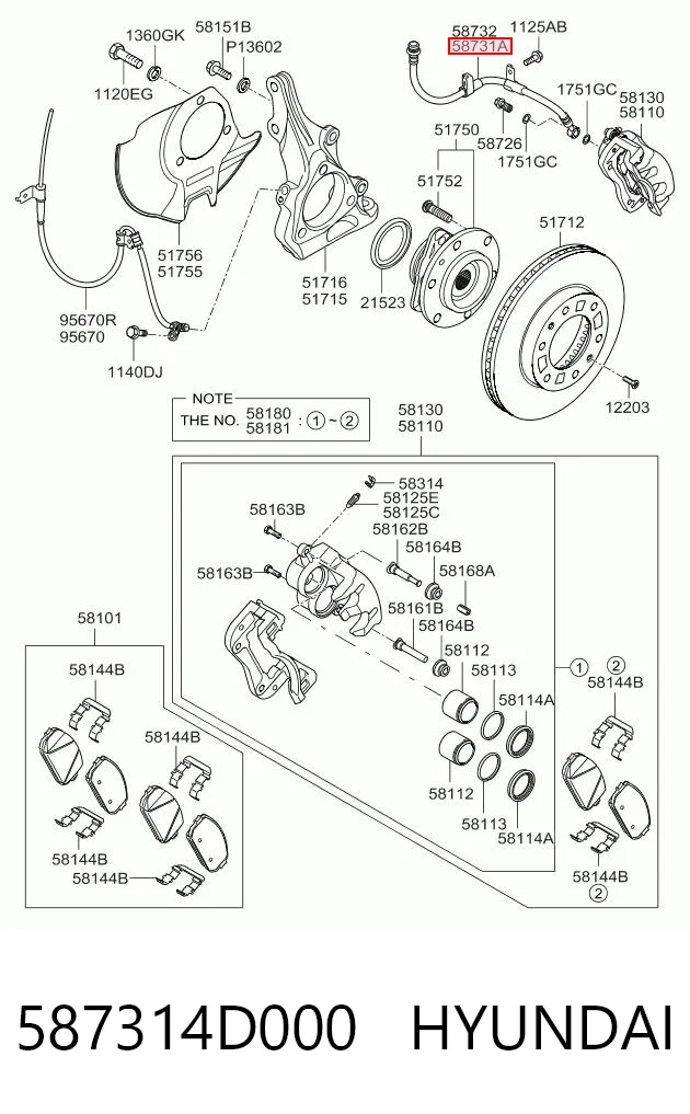 587314D000 Hyundai/Kia Tubo flexible de frenos delantero izquierdo 