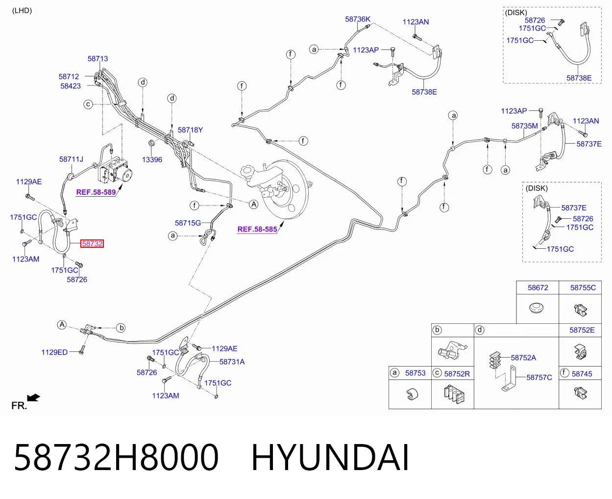 58732H8000 Hyundai/Kia Manguera de freno delantero derecho