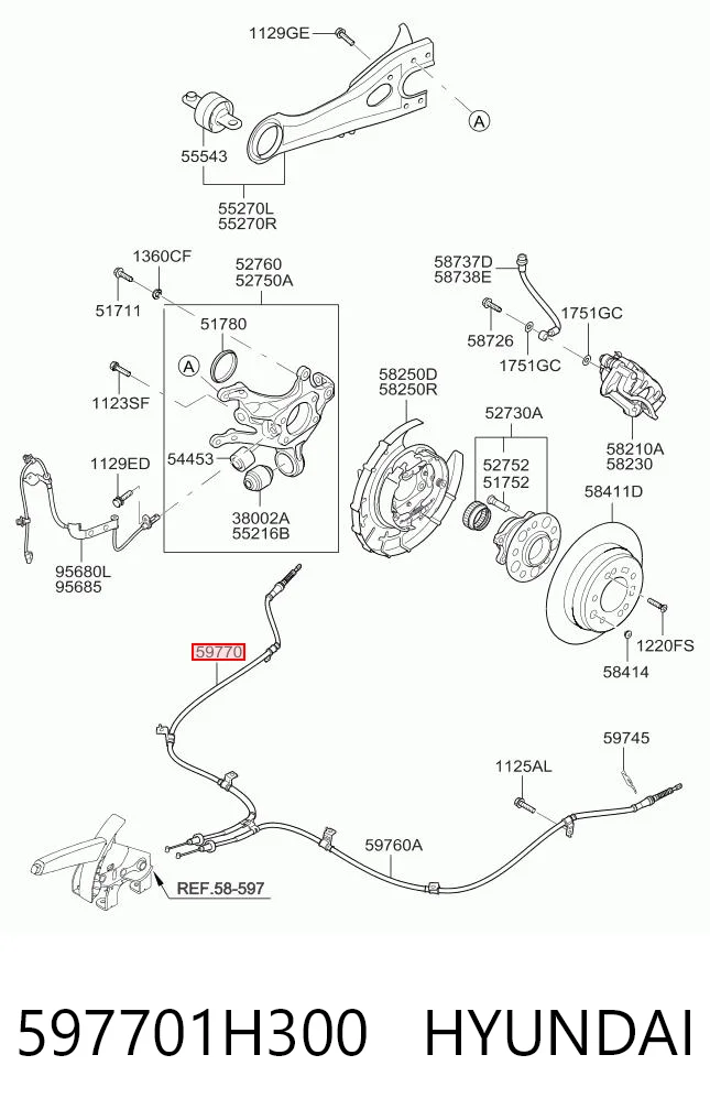Cable de freno de mano trasero derecho 597701H300 HYUNDAI
