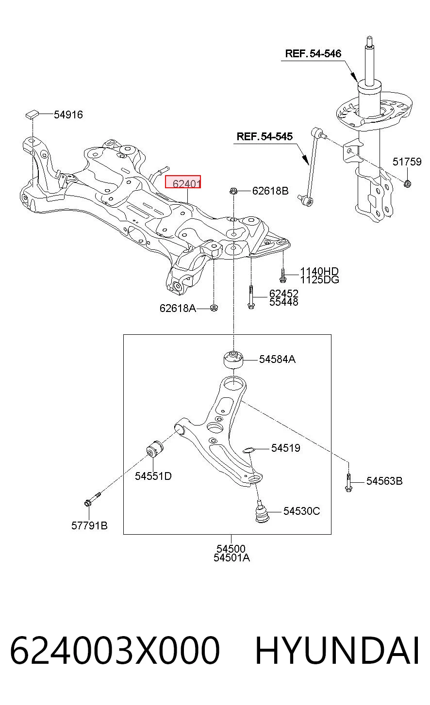 624003X000 Hyundai/Kia Subchasis delantero