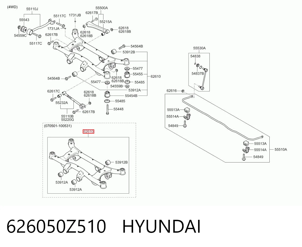 626050Z510 Hyundai/Kia Subchasis trasero soporte motor