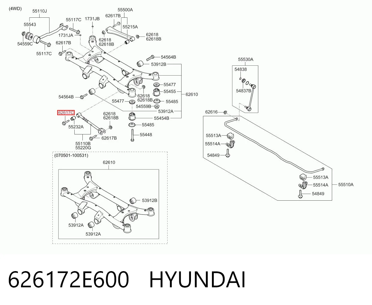 626172E600 Hyundai/Kia Perno de fijación interior del brazo oscilante inferior trasero