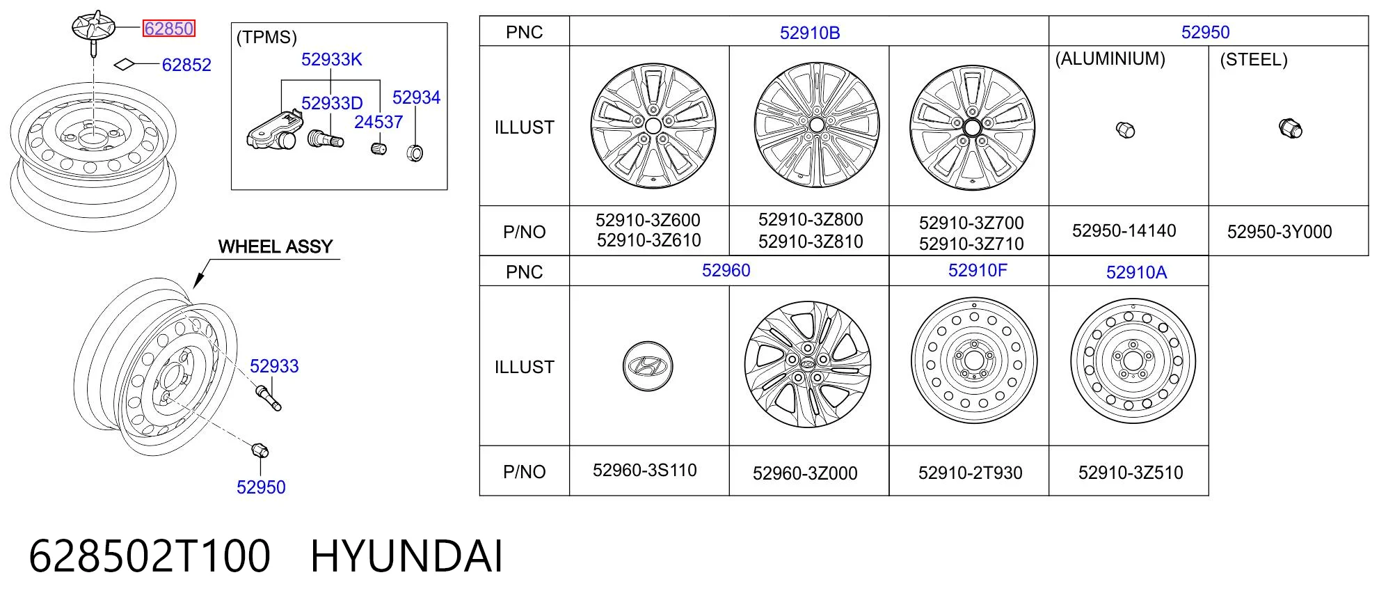 628502T100 Hyundai/Kia Soporte de rueda de repuesto