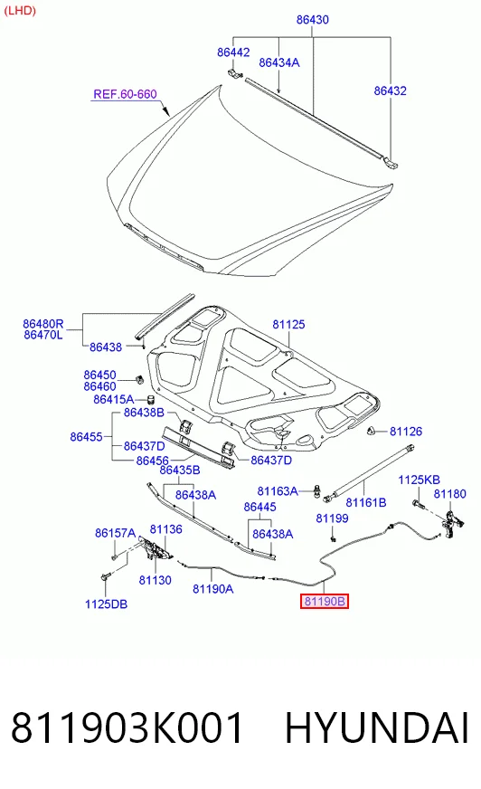 811903K001 Hyundai/Kia Cable de capó del motor