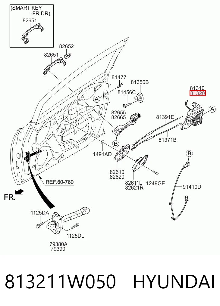 813211W050 Hyundai/Kia Cerradura de puerta delantera derecha