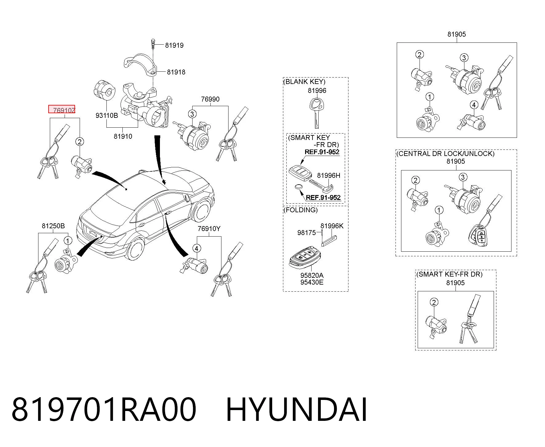 819701RA00 Hyundai/Kia Cilindro de cerradura de puerta delantera izquierda