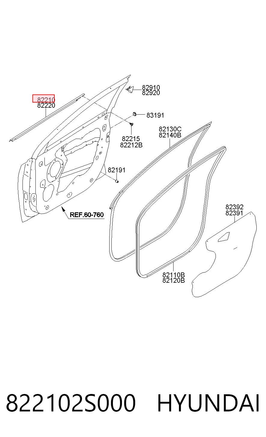 822102S000 Hyundai/Kia Sellador exterior de vidrio de puerta delantera izquierda