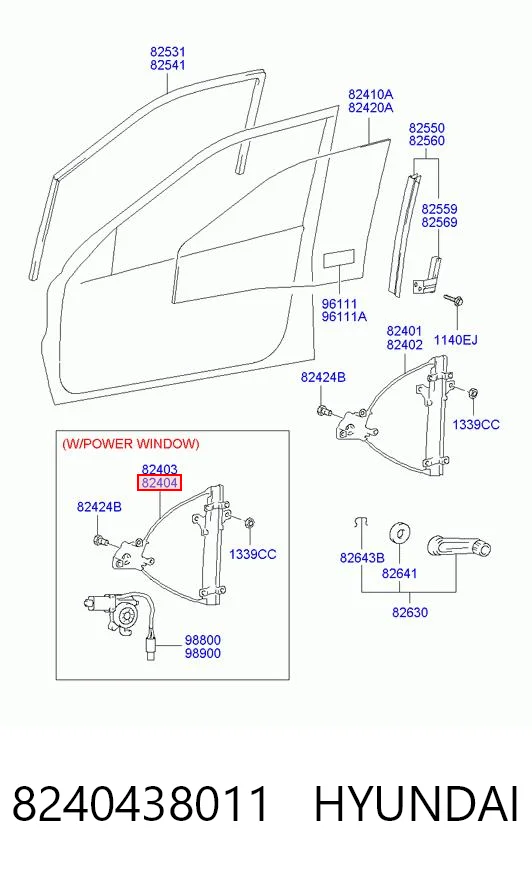 8240438011 Hyundai/Kia Mecanismo levanta, puerta delantera derecha