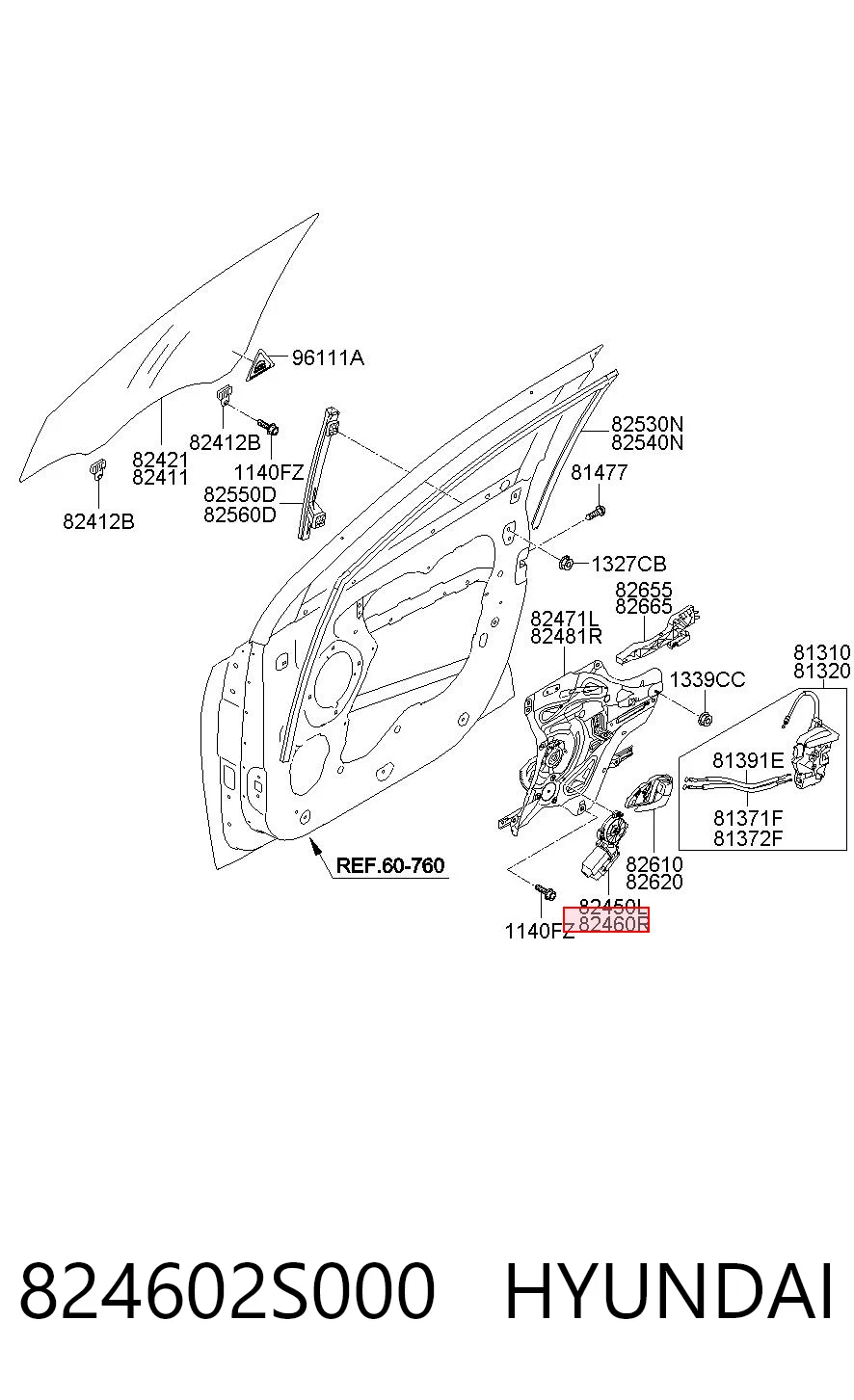 824602S000 Hyundai/Kia Mecanismo levanta, puerta delantera derecha