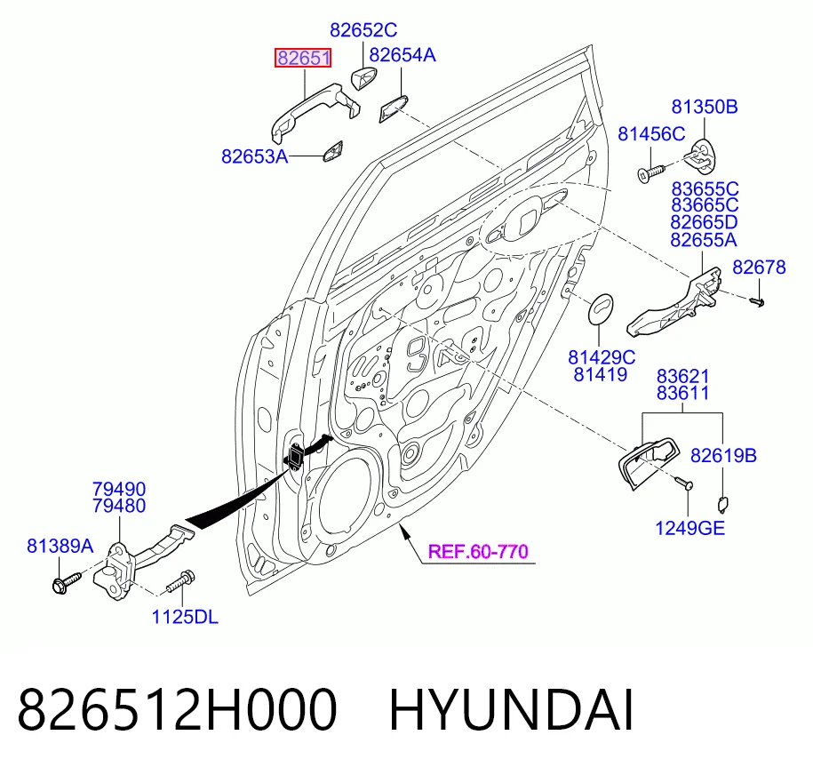 826512H000 Hyundai/Kia Manija exterior de puerta trasera