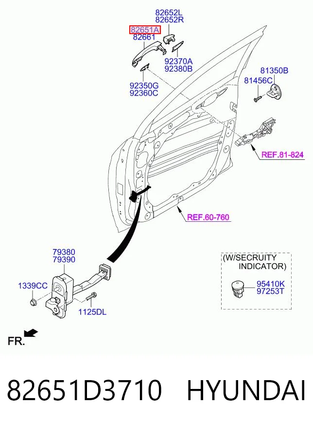 82651D3710 Hyundai/Kia Manija exterior izquierda de puerta delantera