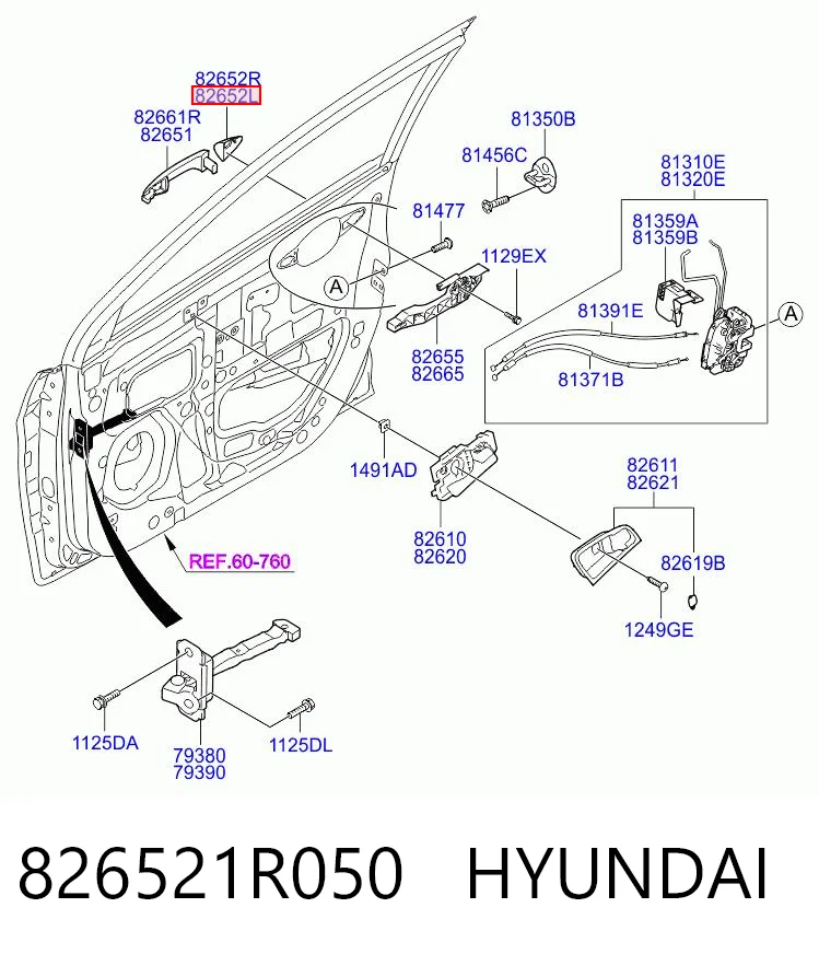 826521R050 Hyundai/Kia Tapa de manija exterior de puerta delantera izquierda