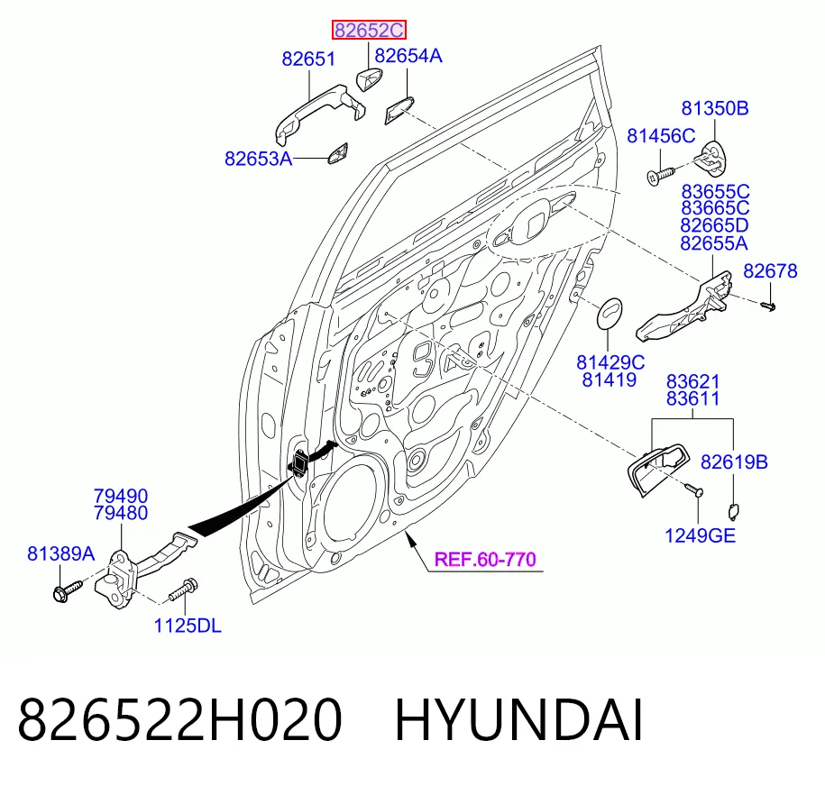 826522H020 Hyundai/Kia Tapa de manija exterior de puerta delantera derecha