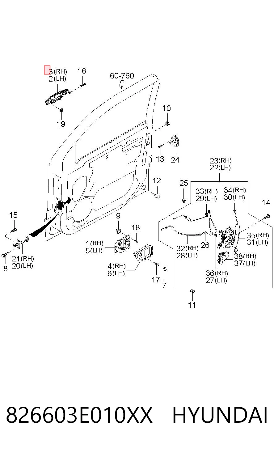 Manija exterior derecha de puerta delantera 826603E010XX HYUNDAI