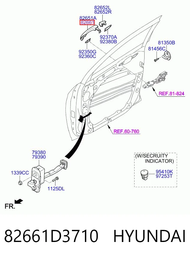 82661D3710 Hyundai/Kia Manija exterior derecha de puerta delantera